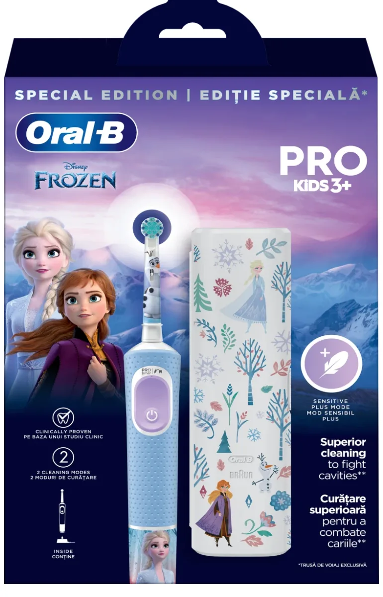 Set Periuta de dinti electrica Pro Kids cu 2 moduri de periaj + Trusa de voiaj Frozen +3 ani, Oral-B — preț și oferte