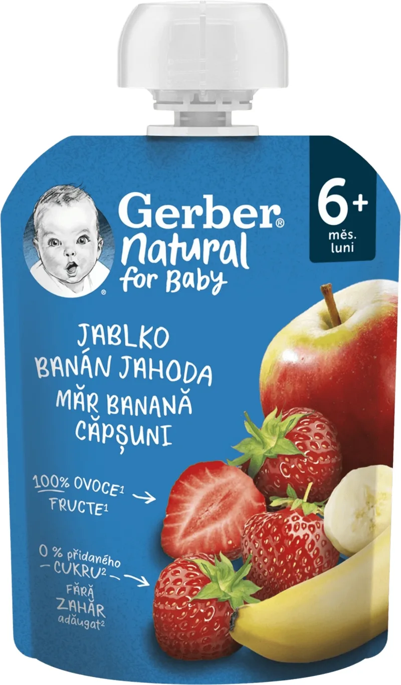 Gerber Pungă naturală mere banane căpșuni 6m+ 90 g — preț și oferte