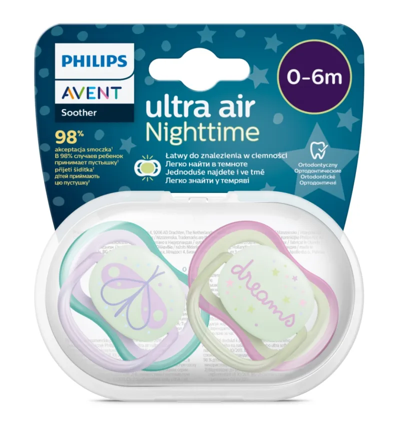 Suzete fosforescente Ultra Air SCF376/19 pentru 0-6 luni Roz/Verde, 2 bucati, Philips Avent — preț și oferte