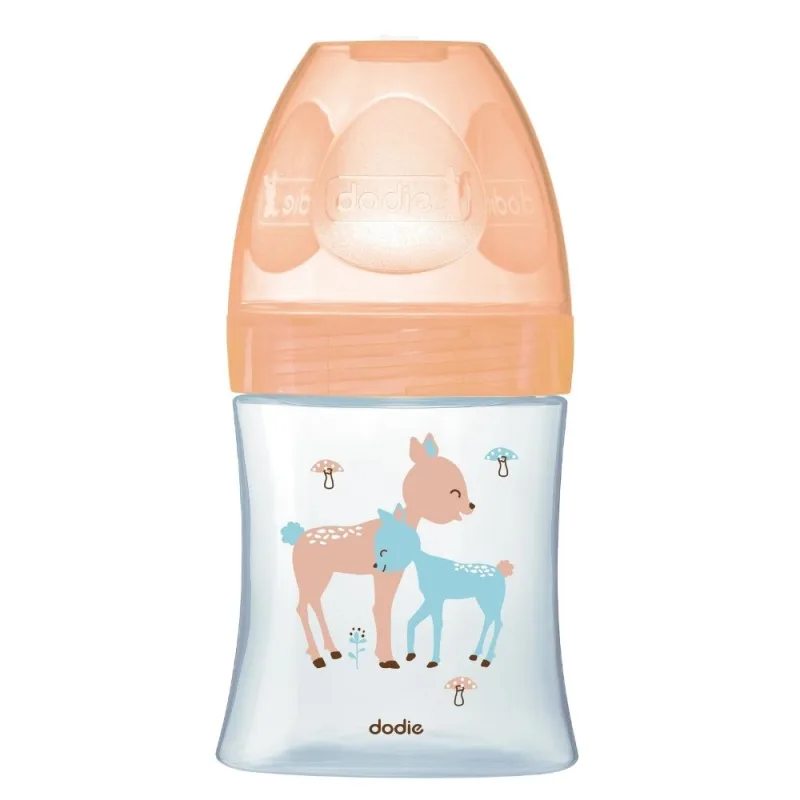 Biberon din sticla cu functie senzoriala si tetina plata anti-colici 0-6 luni Debit 1 Caprioara, 150ml, Dodie — preț și oferte