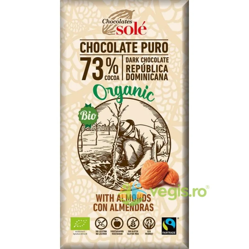 Ciocolata Neagra 73% Cacao cu Migdale fara Gluten Ecologica/Bio 150g CHOCOLATES SOLE — preț și oferte