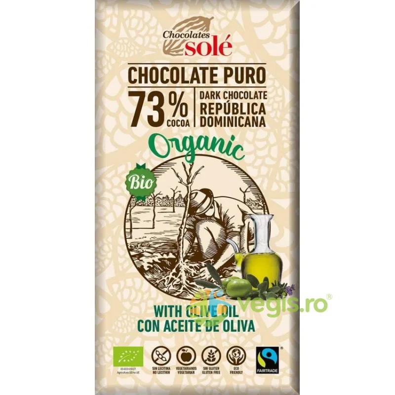 Ciocolata Neagra 73% Cacao cu Ulei Extravirgin de Masline fara Gluten Ecologica/Bio 100g CHOCOLATES SOLE — preț și oferte