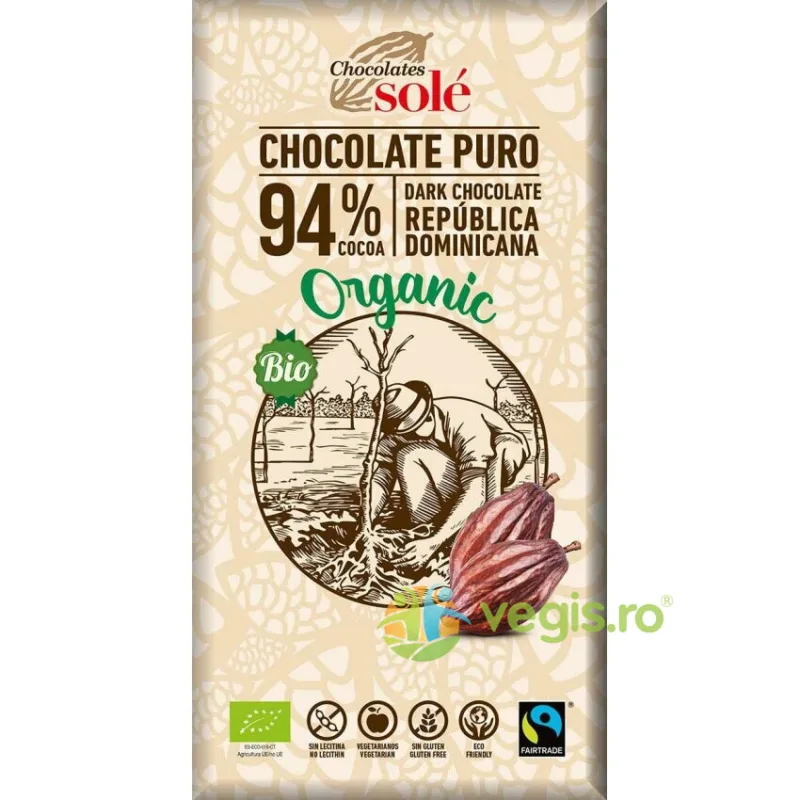 Ciocolata Neagra 94% Cacao fara Gluten Ecologica/Bio 100g CHOCOLATES SOLE — preț și oferte