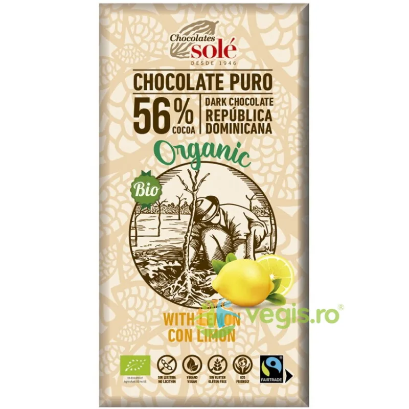Ciocolata cu Lamaie 56% Cacao fara Gluten Ecologica/Bio 100g CHOCOLATES SOLE — preț și oferte
