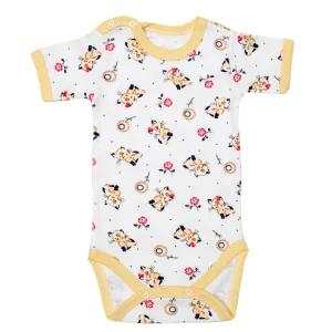 BODY 4 CAPSE MANECA SCURTA RB03 ALB IMPRIMEU PISICUTE & GALBEN 9/12 LUNI ROMBABY INFINITY