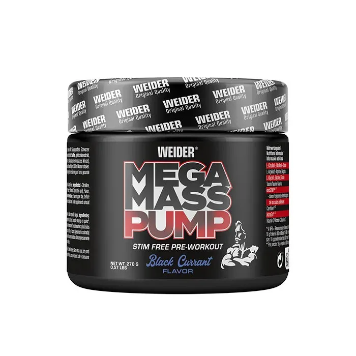 Supliment Pre-Workout, WEIDER Mega Mass Pump, pulbere 270 g, aromă coacăze negre — preț și oferte