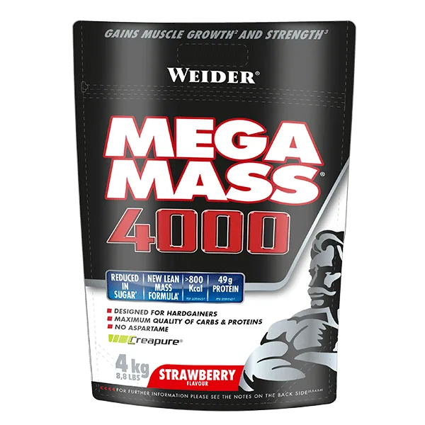 Gainer masă musculară, WEIDER Mega Mass 4000, căpșuni, 4 kg — preț și oferte