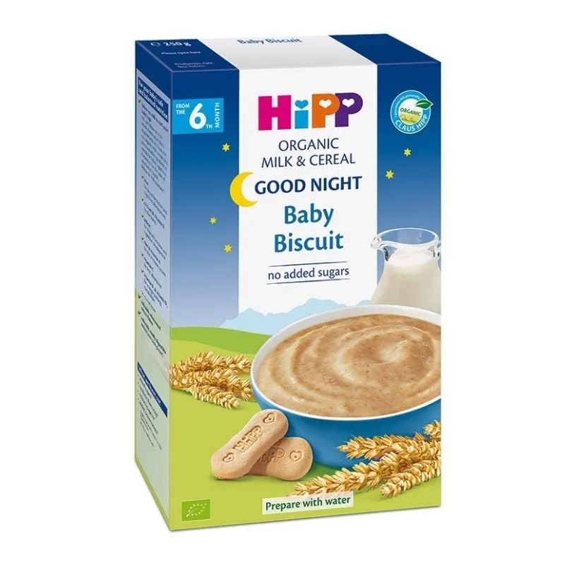 Lapte si cereale Bio cu biscuit, Noapte Buna, +6 luni, 250 g, Hipp — preț și oferte