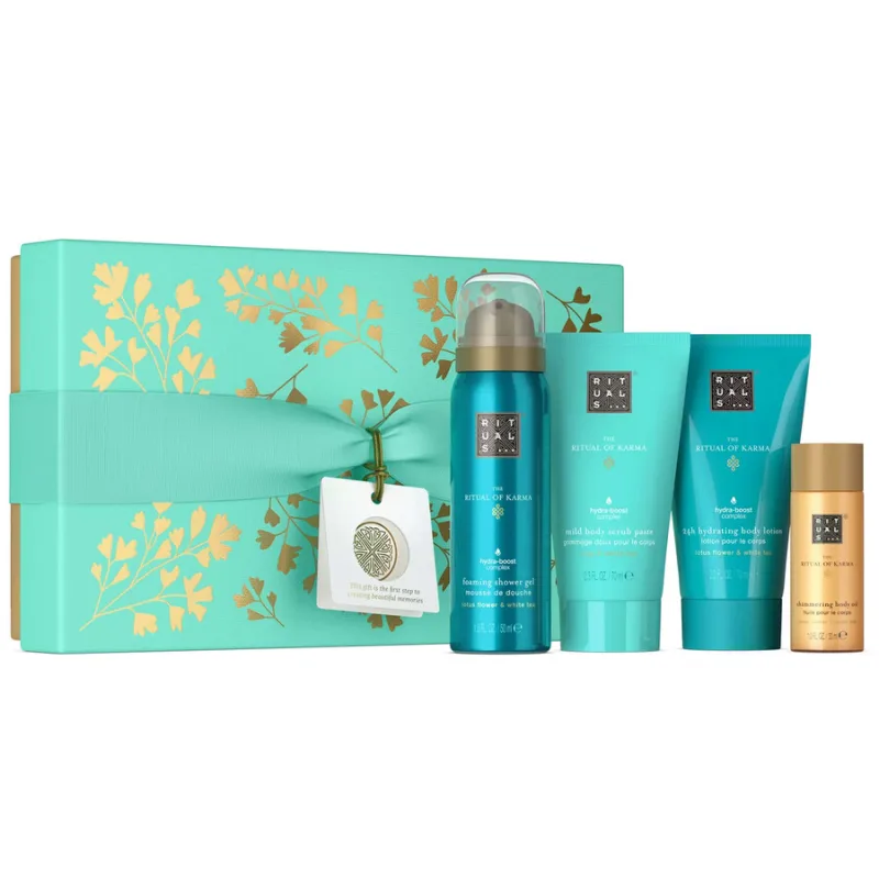 Set cadou unisex Rituals Ritual of Karma, cu parfum floral acvatic, 4 piese: ulei de corp 30 ml, gel de duș 50 ml, scrub 70 ml, loțiune hidratantă 70 ml — preț și oferte