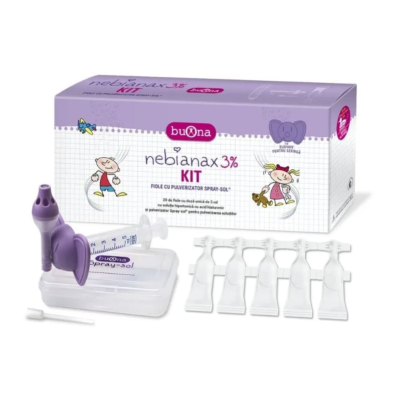 Kit Solutie salina hipertonica 3% cu acid hialuronic + Pulverizator Spray Sol, 20*5ml, Nebianax BUONA — preț și oferte