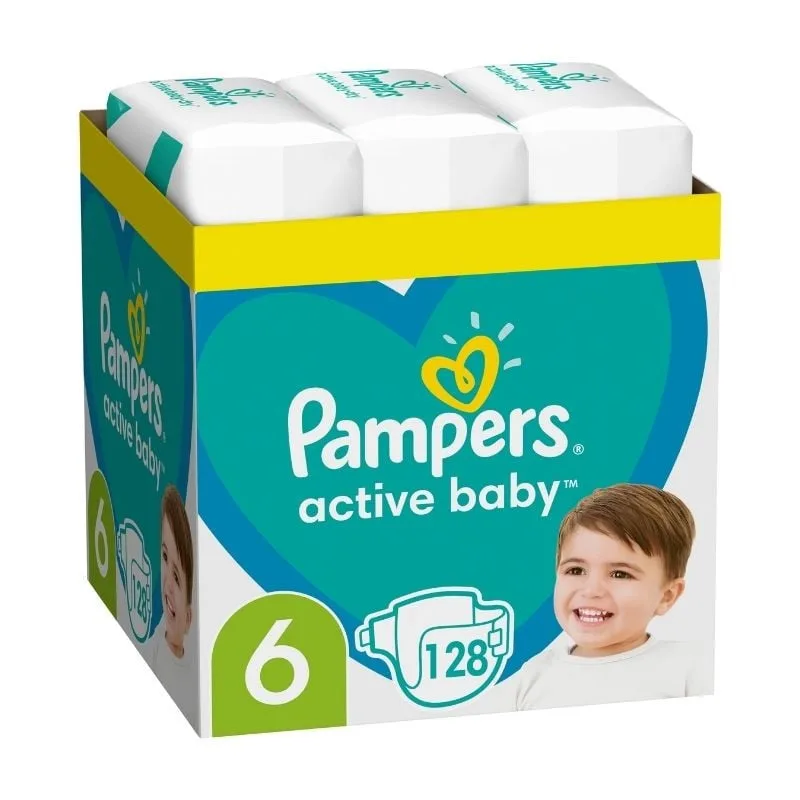 Scutece Active Baby, Marimea 6 Extra Large, 13 -18 kg, 128 bucati, Pampers — preț și oferte
