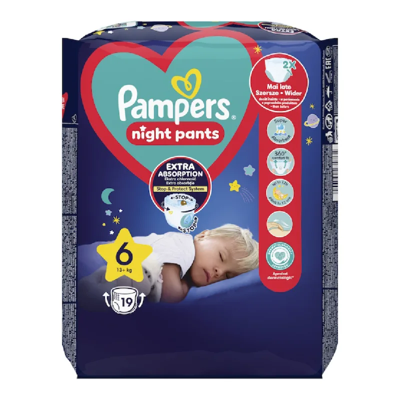 Scutece chilotel de noapte Night Pants, Marimea 6, 15+ kg, 19 bucati, Pampers — preț și oferte