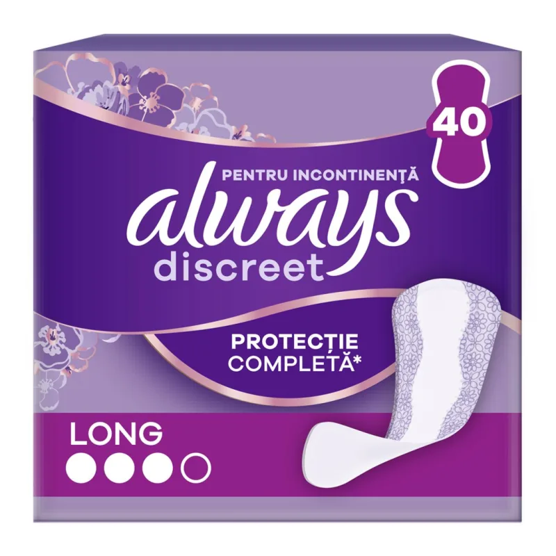 Absorbante zilnice pentru incontinenta urinara Discreet, Long, 40 bucati, Always — preț și oferte
