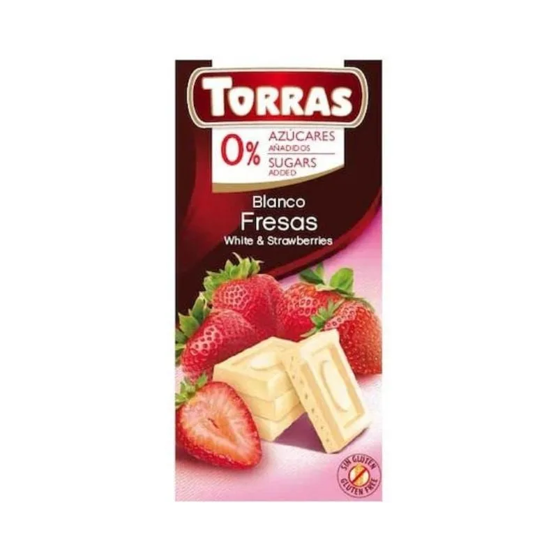 TORRAS Ciocolata alba cu capsuni fara zahar si gluten, 75g — preț și oferte