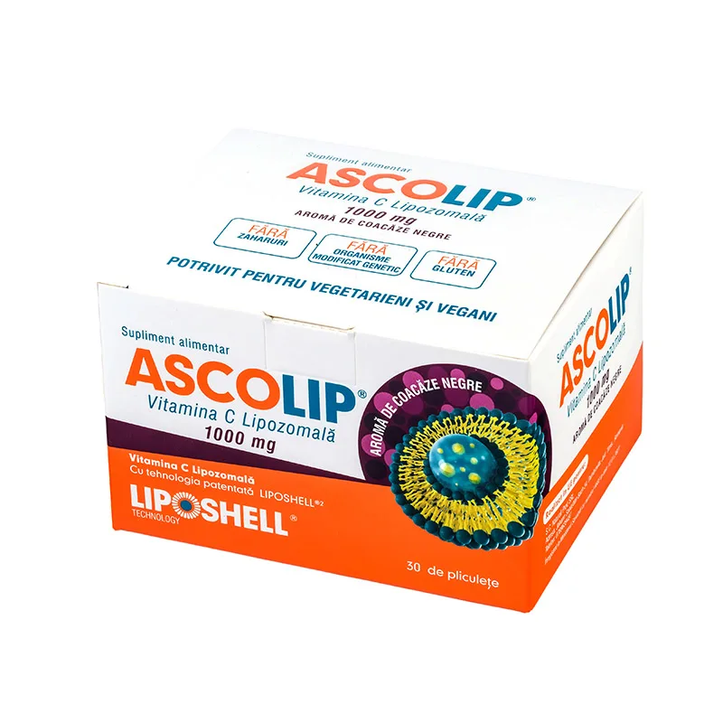 ASCOLIP, Vitamina C Lipozomală 1000 mg, cu aromă de coacăze, 30 plicuri, LIPOSHELL® — preț și oferte
