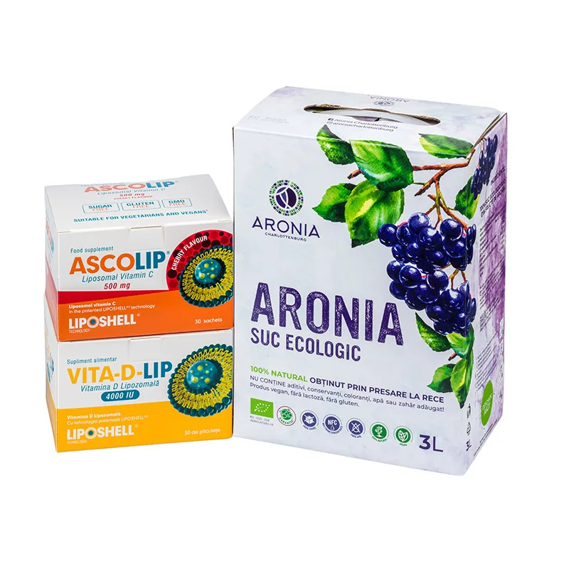 Pachet promotional pentru imunitate : Vitamina C 1000mg+ Vitamina D 4000UI + Suc Aronia la 3L LIPOSHELL — preț și oferte
