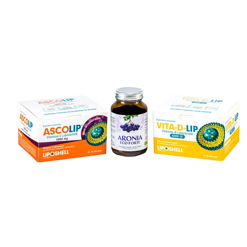 Pachet promotional pentru imunitate : Vitamina C 1000mg+ Vitamina D 4000mg + Aronia Forte 120 Cps LIPOSHELL — preț și oferte
