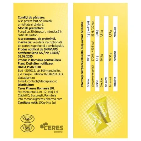 BiSeptol Drops aroma de lamaie, cu eucaipt, propolis si ghimbir, 100g - Dacia Plant — preț și oferte