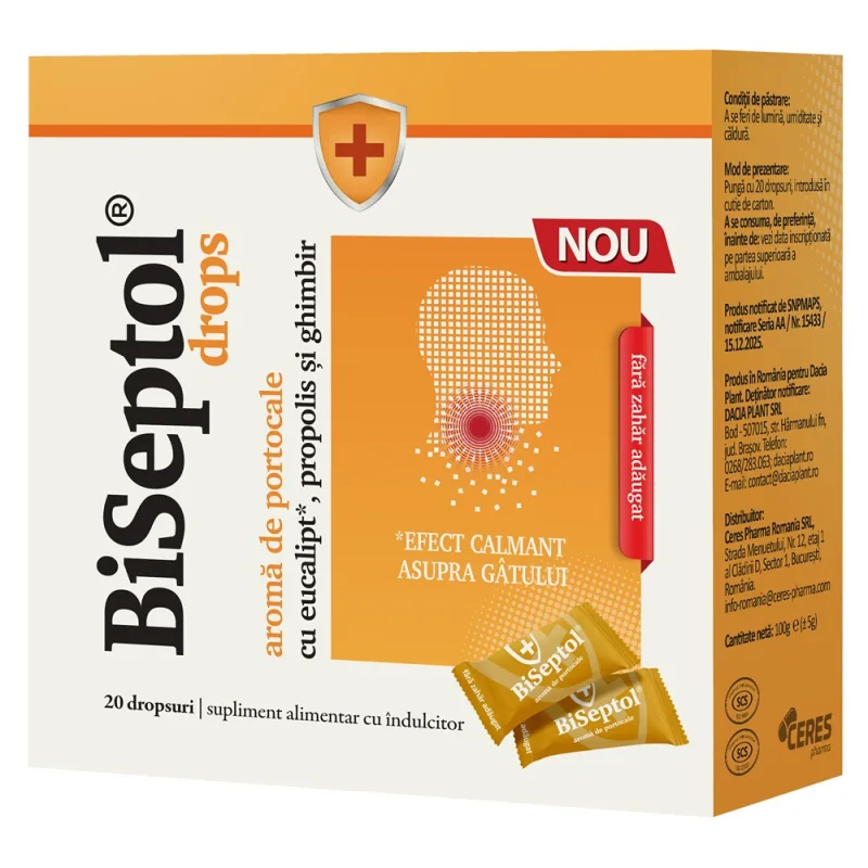Biseptol drops cu aroma de portocale, cu eucalipt, propolis si gihmbir, fara zahar, 20 dropsuri - Dacia Plant — preț și oferte