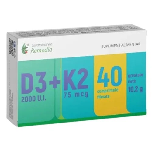 Vitamina D3 2000 U.I + K2 75mcg, 40cps, Remedia — preț și oferte