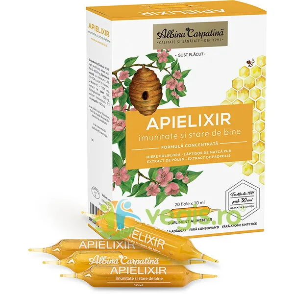 Apielixir Imunitate si Stare de Bine cu Miere, Laptisor de matca, Polen si Propolis 20 fiole x 10ml Albina Carpatina — preț și oferte