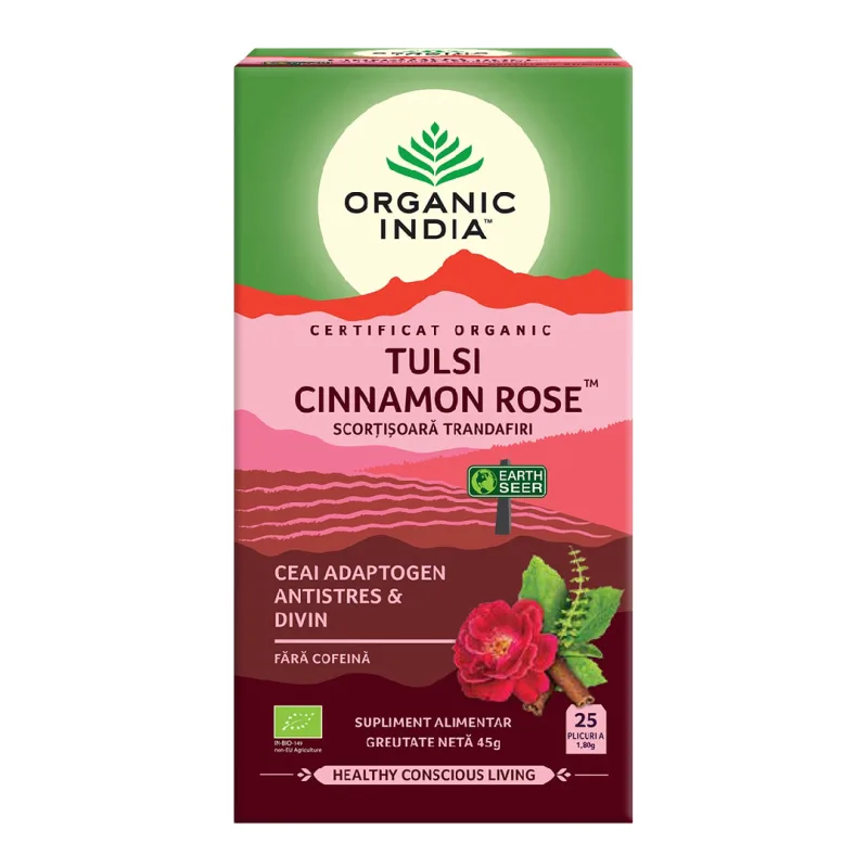 Ceai Bio Tulsi Scortisoara Ceylon si Trandafir, 25 plicuri, Organic India — preț și oferte