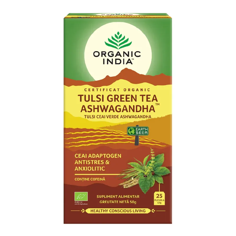 Ceai Bio Tulsi Ashwagandha si Ceai Verde, 25 plicuri, Organic India — preț și oferte