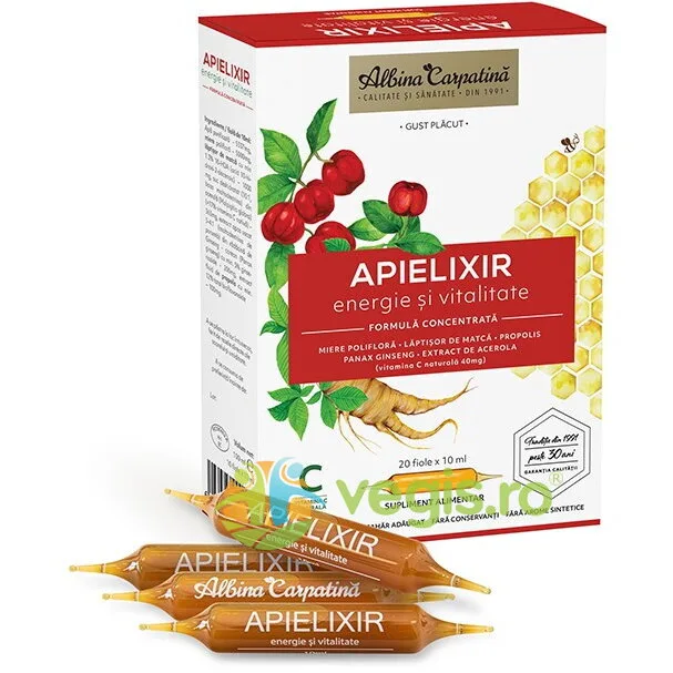 Apielixir Energie si Vitalitate cu Laptisor de Matca, Propolis, Miere, Ginseng Corean si Extract de Acerola 20 fiole x 10ml Albina Carpatina — preț și oferte