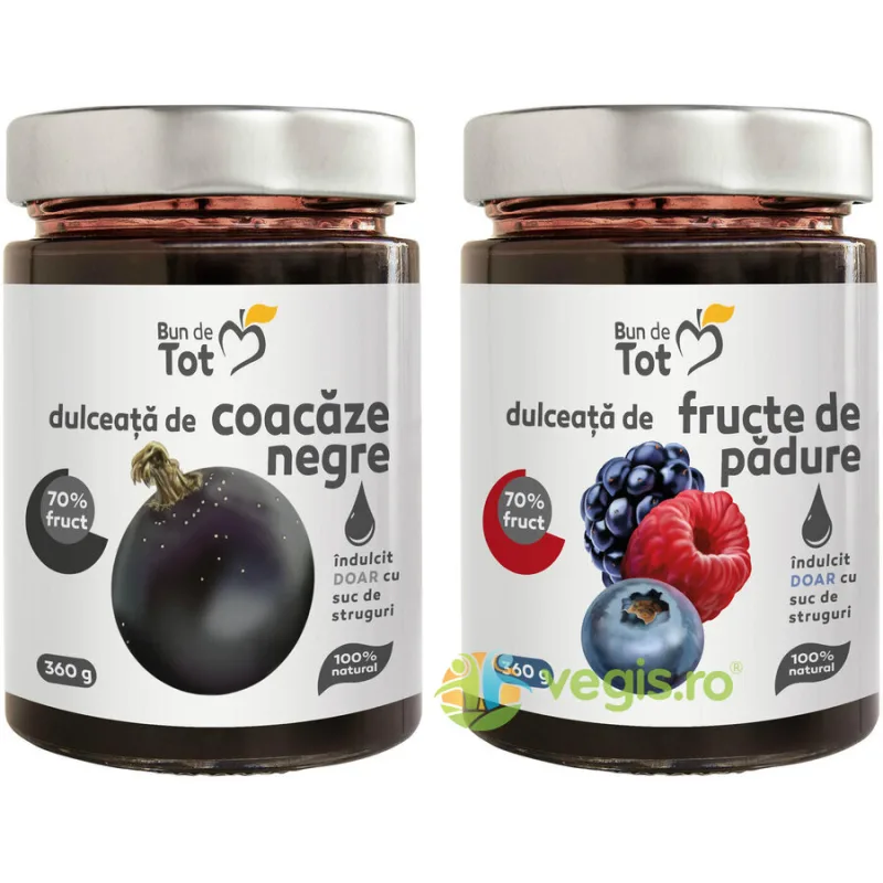 Pachet Dulceata din Coacaze Negre fara Zahar 360g + Dulceata din Fructe de Padure fara Zahar 360g BUN DE TOT — preț și oferte