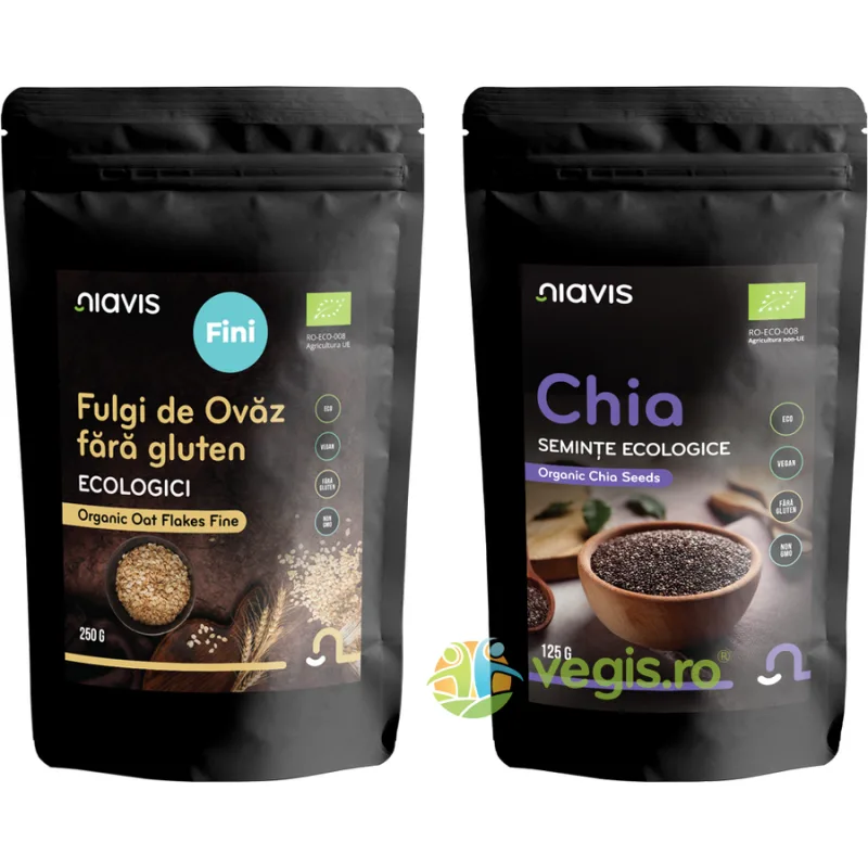 Pachet Fulgi de Ovaz Fini fara Gluten Ecologici/Bio 250g + Seminte de Chia Ecologice/Bio 125g NIAVIS — preț și oferte