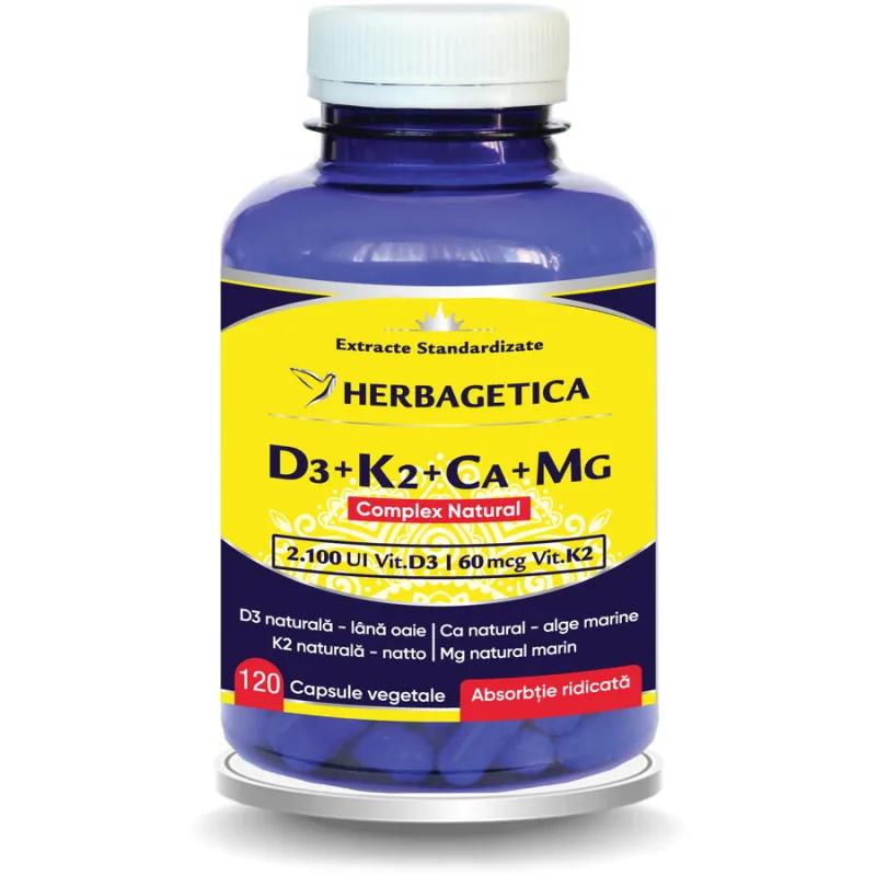 Complex Natural D3+K2+CA+MG 120cps HERBAGETICA — preț și oferte