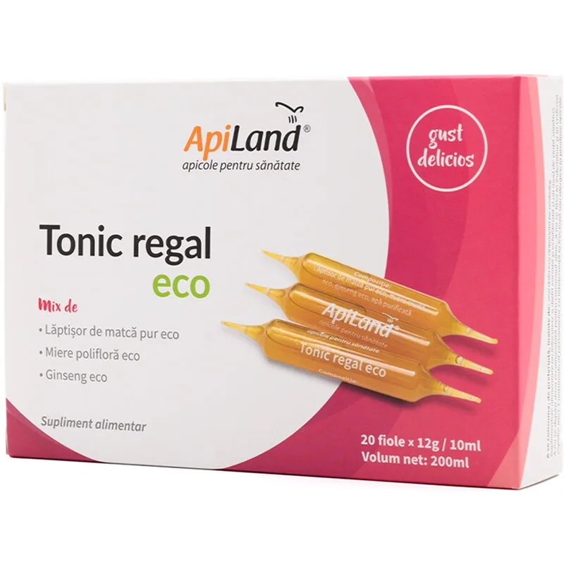 Tonic Regal cu Laptisor de Matca Pur, Miere si Ginseng Ecologic/Bio 20 fiole x 10ml APILAND — preț și oferte