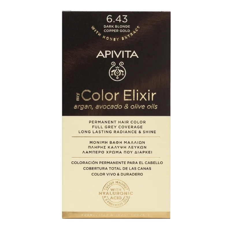 Vopsea de par My Color Elixir, Dark Blonde Copper Gold N6.43, 155 ml, Apivita — preț și oferte