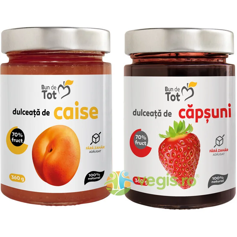 Pachet Dulceata de Capsuni fara Zahar 360g + Dulceata de Caise fara Zahar 360g BUN DE TOT — preț și oferte