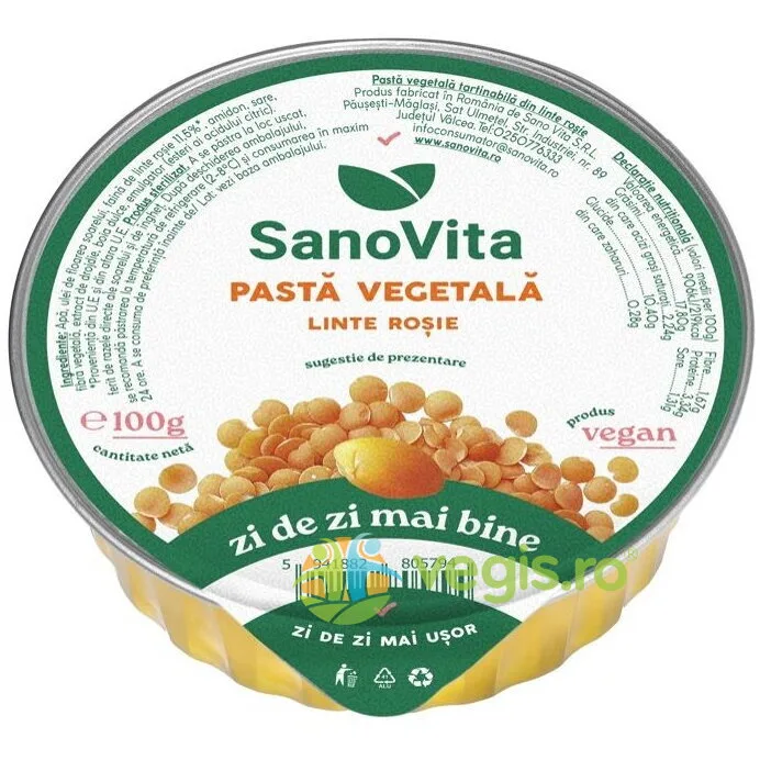 Pasta Vegetala Tartinabila din Linte Rosie 100g SANOVITA — preț și oferte