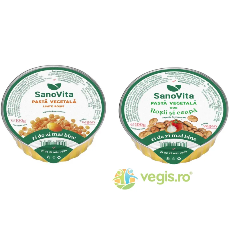 Pachet Pasta Vegetala Tartinabila din Linte Rosie 100g + Pasta Vegetala din Bob cu Rosii si Ceapa 100g SANOVITA — preț și oferte
