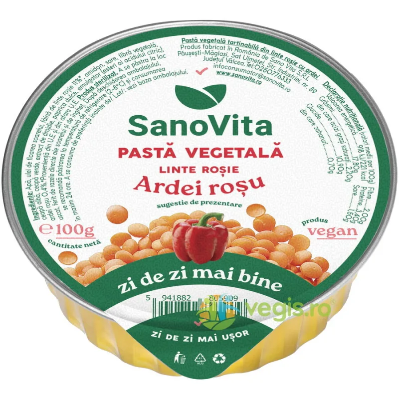 Pasta Vegetala Tartinabila din Linte Rosie cu Ardei si Ceapa 100g SANOVITA — preț și oferte