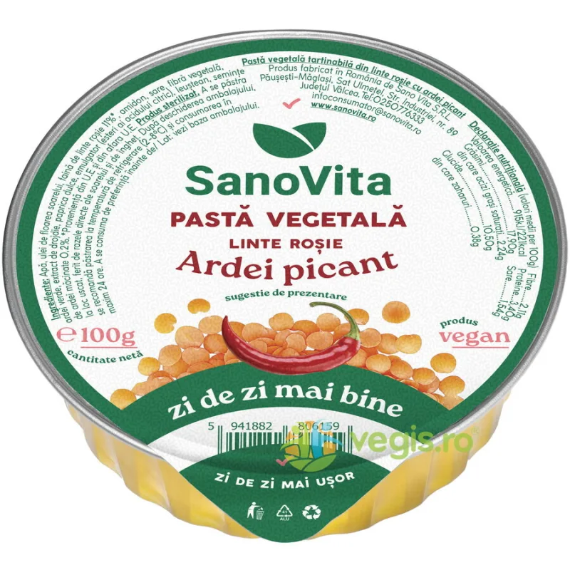 Pasta Vegetala Tartinabila din Linte Rosie cu Ardei Picant 100g SANOVITA — preț și oferte