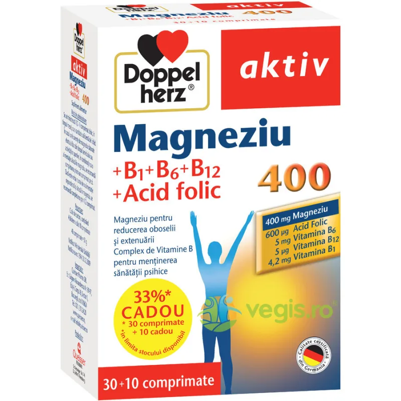 Magneziu 400 cu Vitaminele B1, B6, B12 si Acid Folic Aktiv 30tb+10tb DOPPELHERZ — preț și oferte