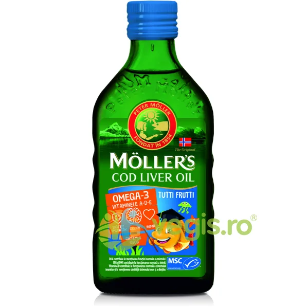Cod Liver Oil Omega-3 cu Aroma de Tutti Frutti 250ml MOLLER'S — preț și oferte