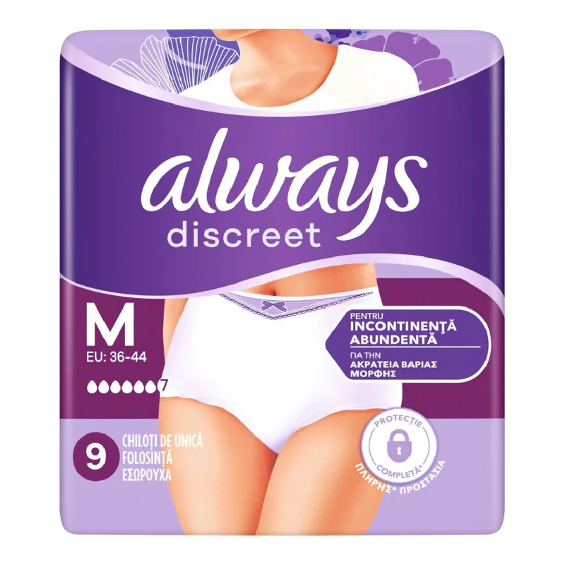 Chiloti pentru incontinenta urinara Discreet Plus, 6 picaturi, marimea M, 9 bucati, Always — preț și oferte