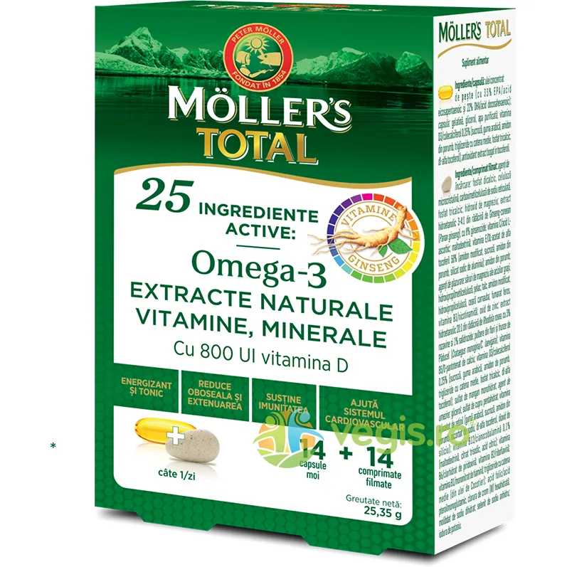 Total Omega-3 cu Vitamina D 800U.I 14cps moi + 14cpr filmate MOLLER'S — preț și oferte