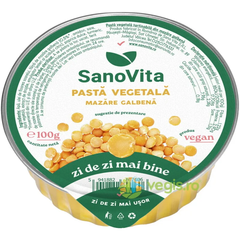 Pasta Vegetala din Mazare Galbena 100g SANOVITA — preț și oferte