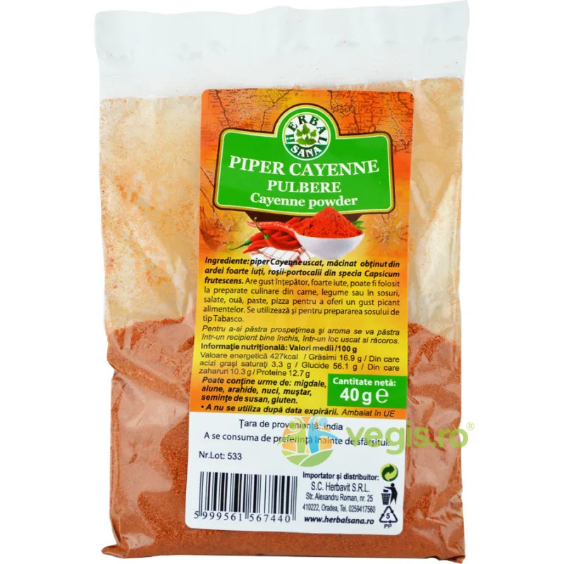 Piper Cayenne Pulbere 40g Herbavit — preț și oferte