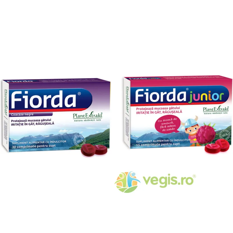 Pachet Fiorda cu Aroma de Coacaze Negre 30cpr + Fiorda Junior cu Aroma de Zmeura 15cpr PLANTEXTRAKT — preț și oferte