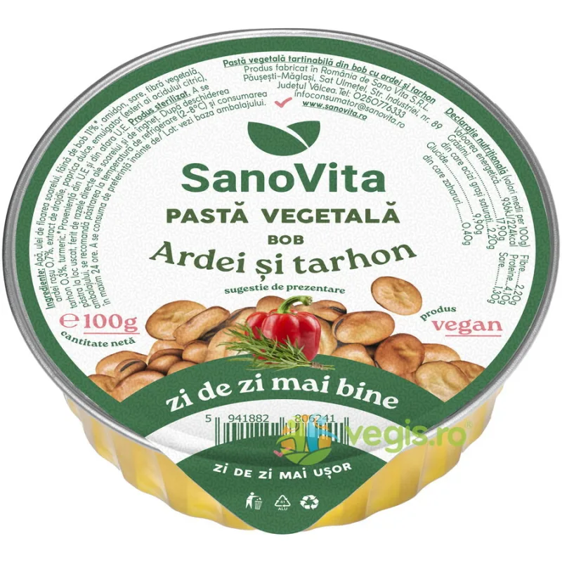 Pasta Vegetala din Bob cu Ardei si Tarhon 100g SANOVITA — preț și oferte