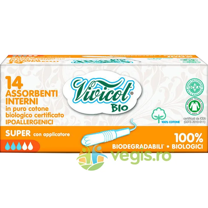 Tampoane cu Aplicator din Bumbac Organic si Hipoalergenic 3 Picaturi 14buc VIVICOT — preț și oferte