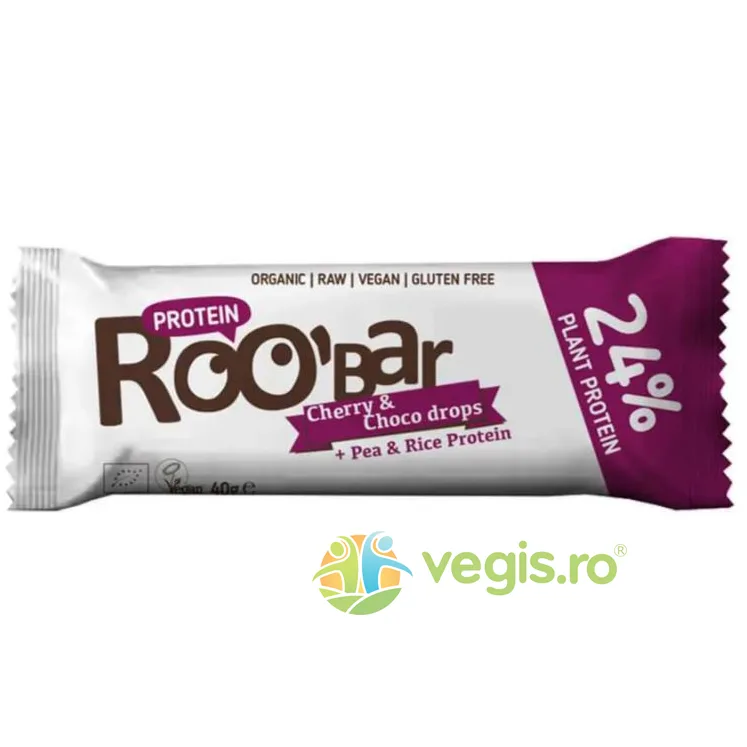 Baton Proteic cu Cirese si Picaturi de Ciocolata Raw fara Gluten Ecologic/Bio 40g ROOBAR — preț și oferte