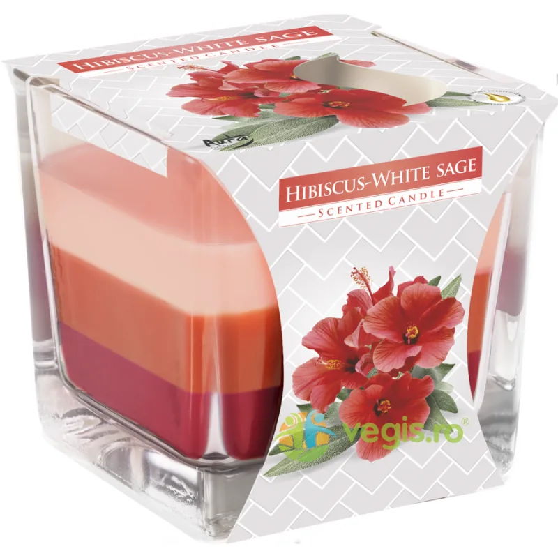 Lumanare Parfumata in Pahar Trei Culori cu Aroma de Hibiscus si Salvie Alba BISPOL — preț și oferte
