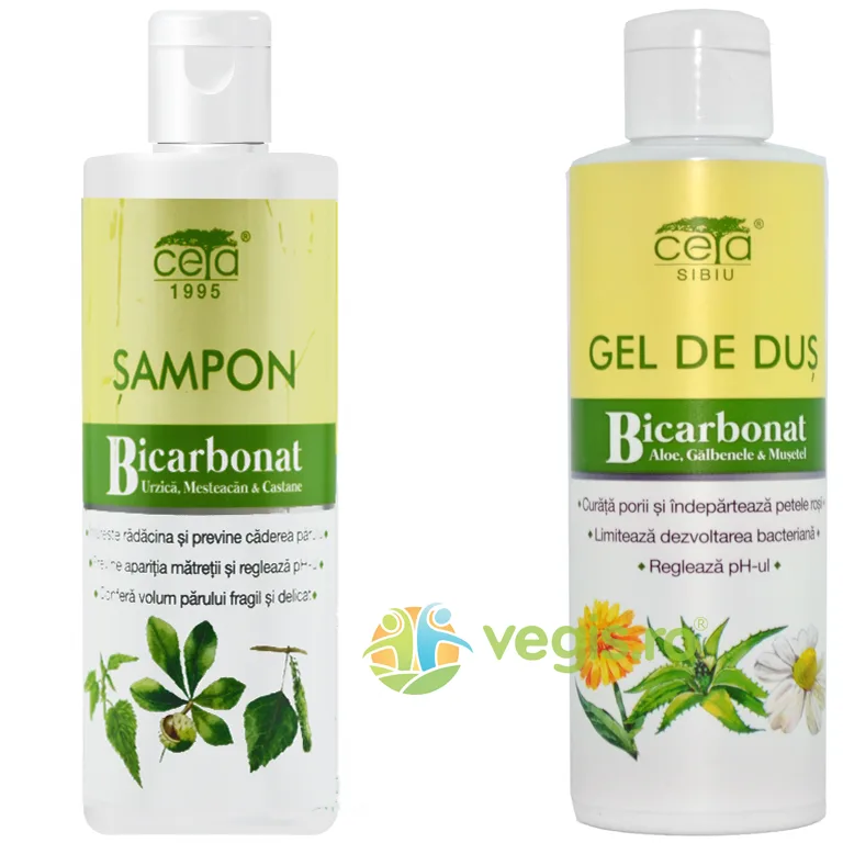 Pachet Sampon cu Bicarbonat, Urzica, Mesteacan si Castane Flacon 200ml + Gel de Dus cu Bicarbonat, Aloe, Galbenele si Musetel Flacon 200ml Ceta Sibiu — preț și oferte